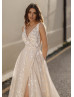 V Neck Ivory Lace Tulle Glitter Wedding Dress